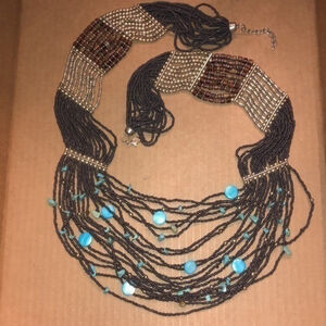 Huge Vintage Silver & Brown Seed Bead & Turquoise Beaded Necklace